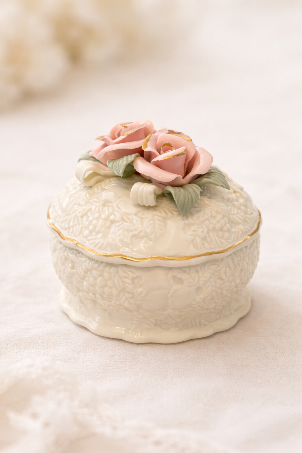 Vintage Porcelain Rose Trinket Box with Lid | Floral Vanity Keepsake Box