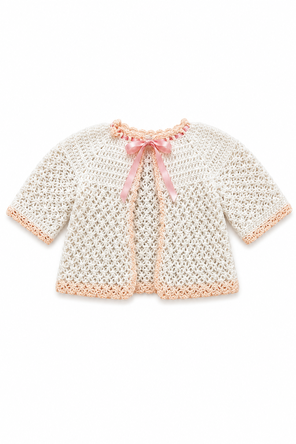 Vintage Handmade Ivory Crochet Baby Cardigan – Peach Pink Trim Ribbon Bow Knit Sweater