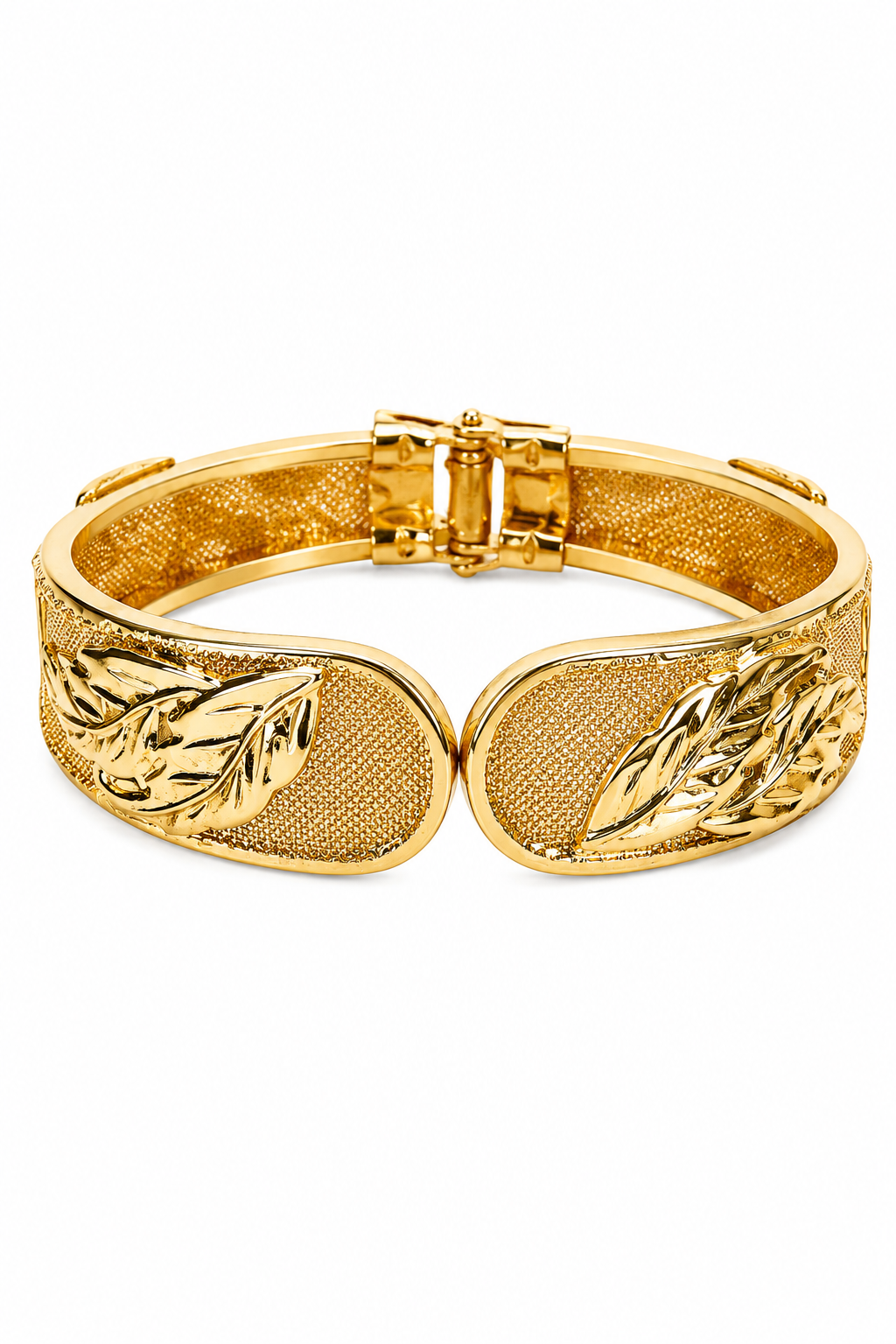 Vintage 1950s–70s Gold Tone Mesh Clamper Bangle Bracelet Hinged Leaf Cuff