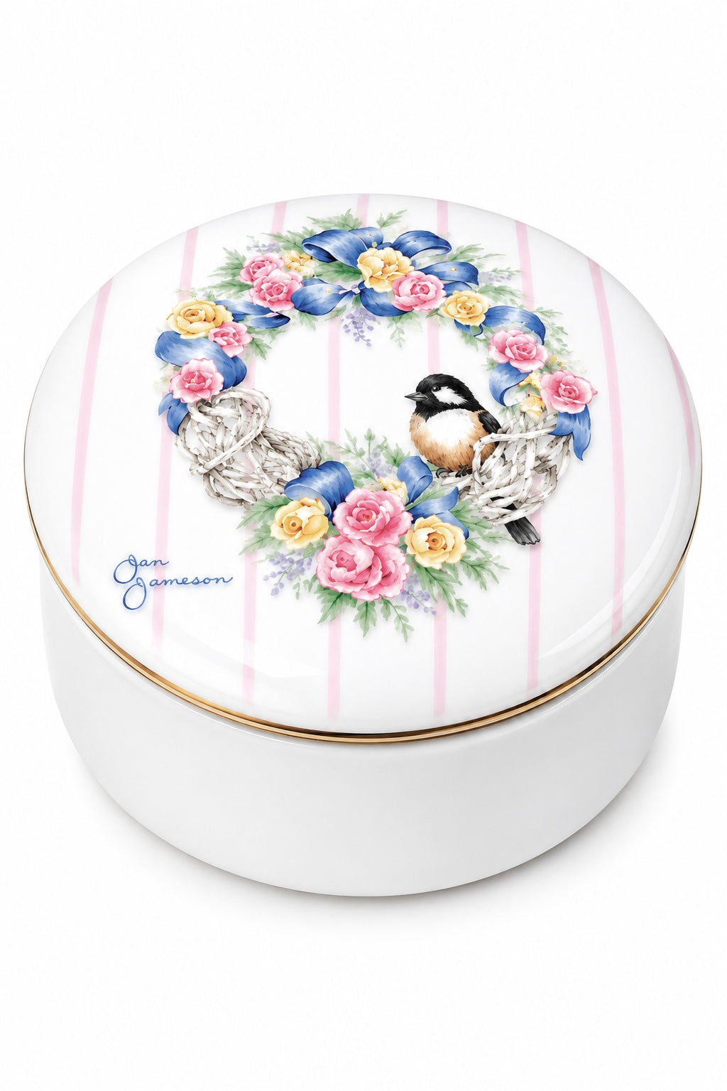 1980s Otagiri Country Rose Lidded Trinket Box | Vintage Porcelain Bird & Floral Keepsake Box