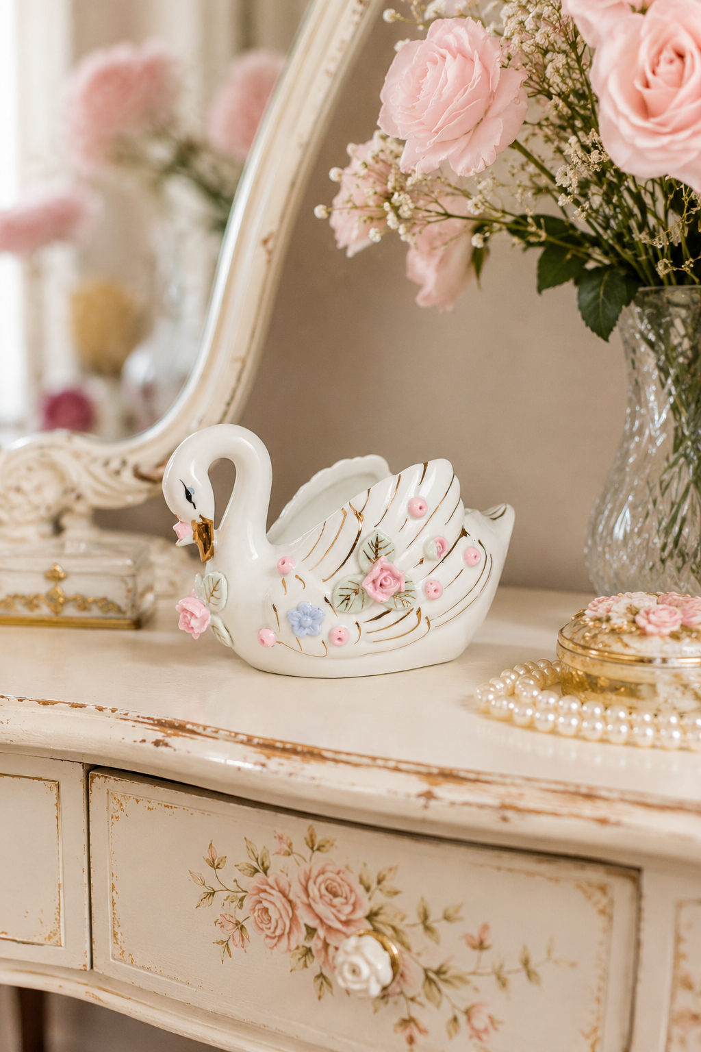Small Vintage Porcelain Swan Planter / Trinket Dish | Pink Roses | Cottagecore Floral Décor