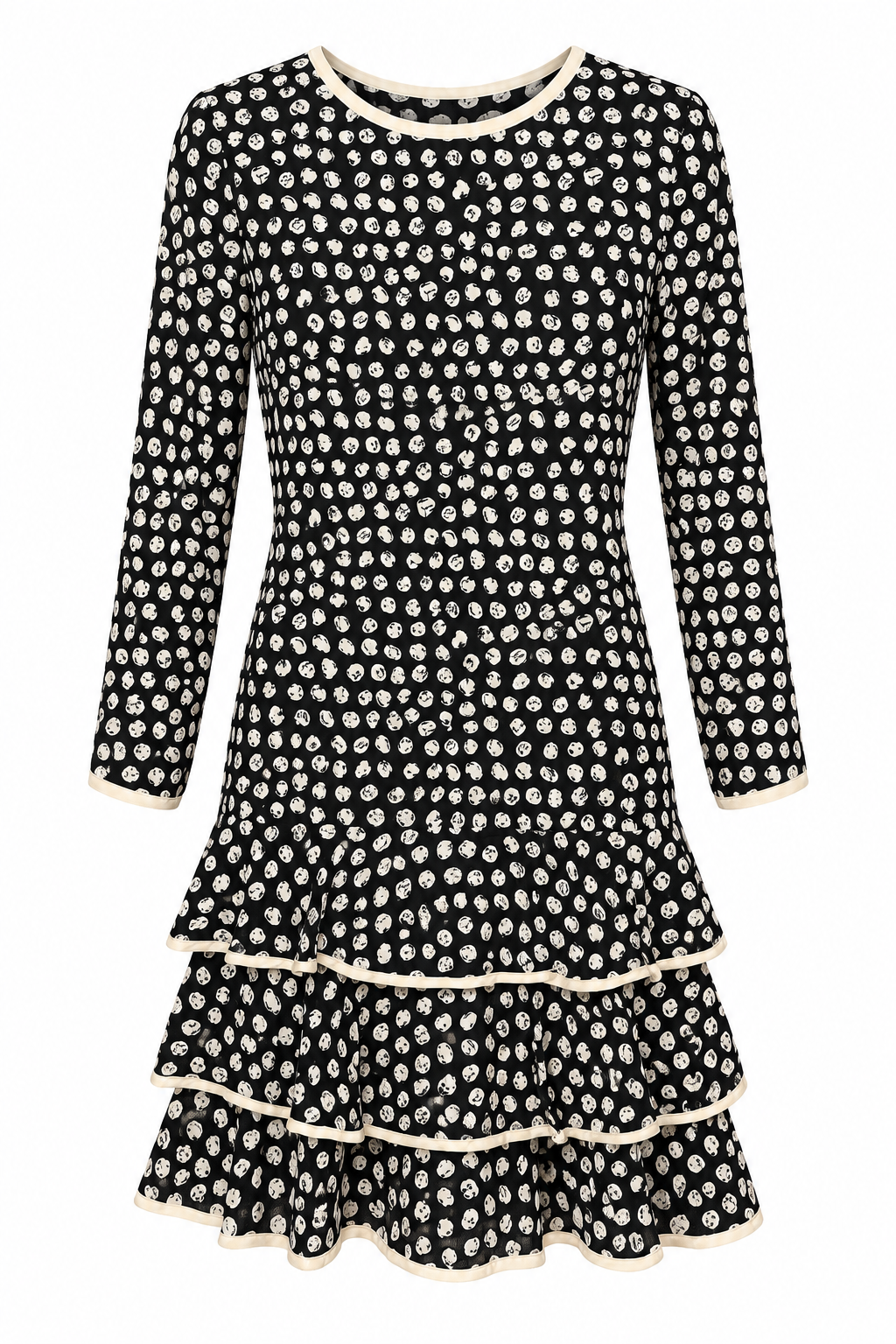 Vintage 100% Silk Black & Ivory Polka Dot Tiered Ruffle Dress – Made in Hong Kong – Size 12