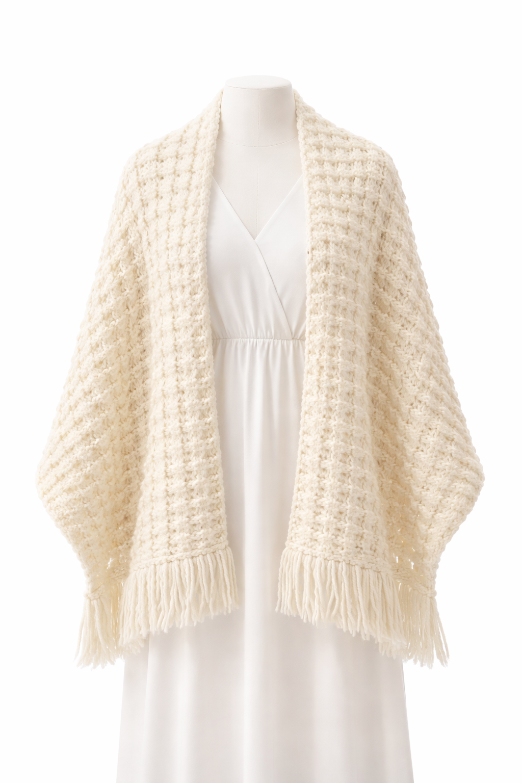 Vintage Cream Chunky Knit Scarf Shawl with Fringe | Cozy Wrap