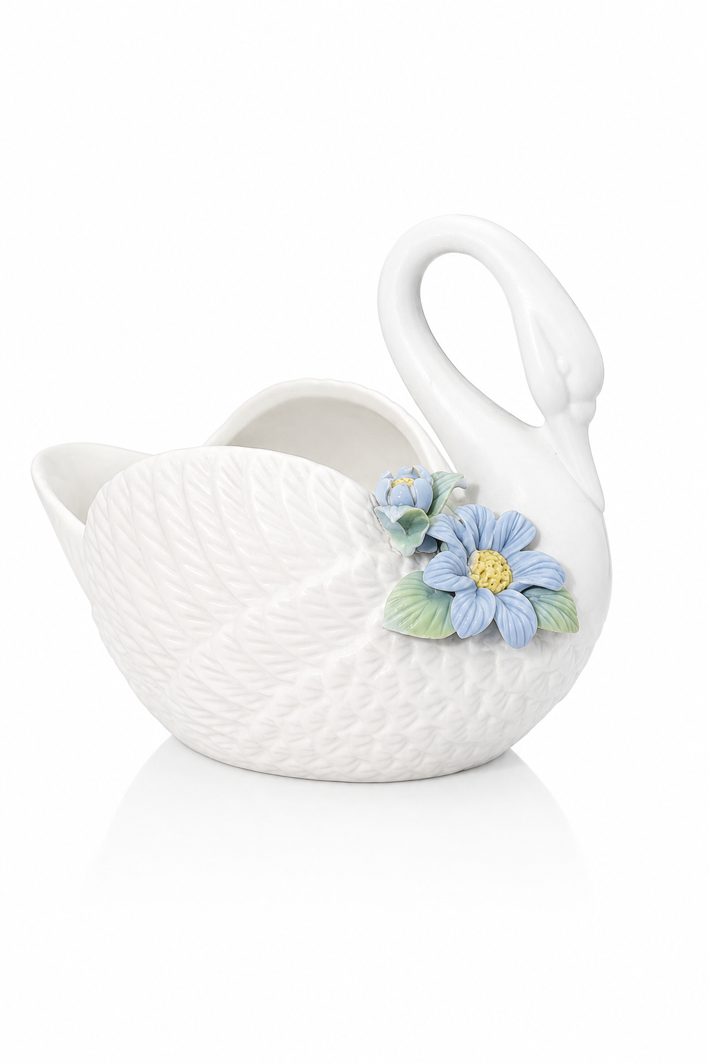 Vintage Porcelain Swan Trinket Dish with Blue Flowers | Decorative Swan Bowl