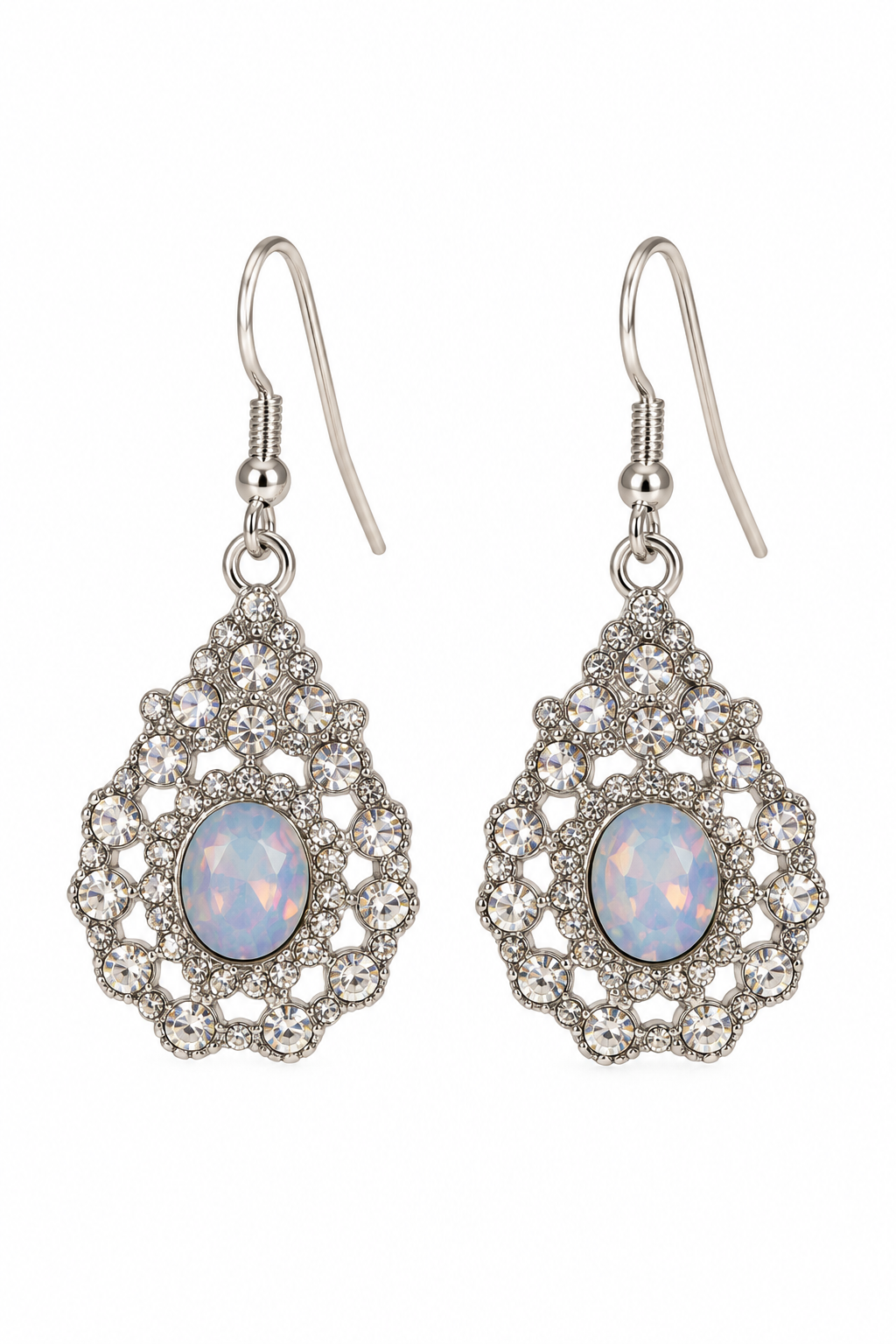 Iridescent Pastel Blue Opal-Inspired Silver-Tone Dangle Earrings | Rhinestone Statement Jewelry