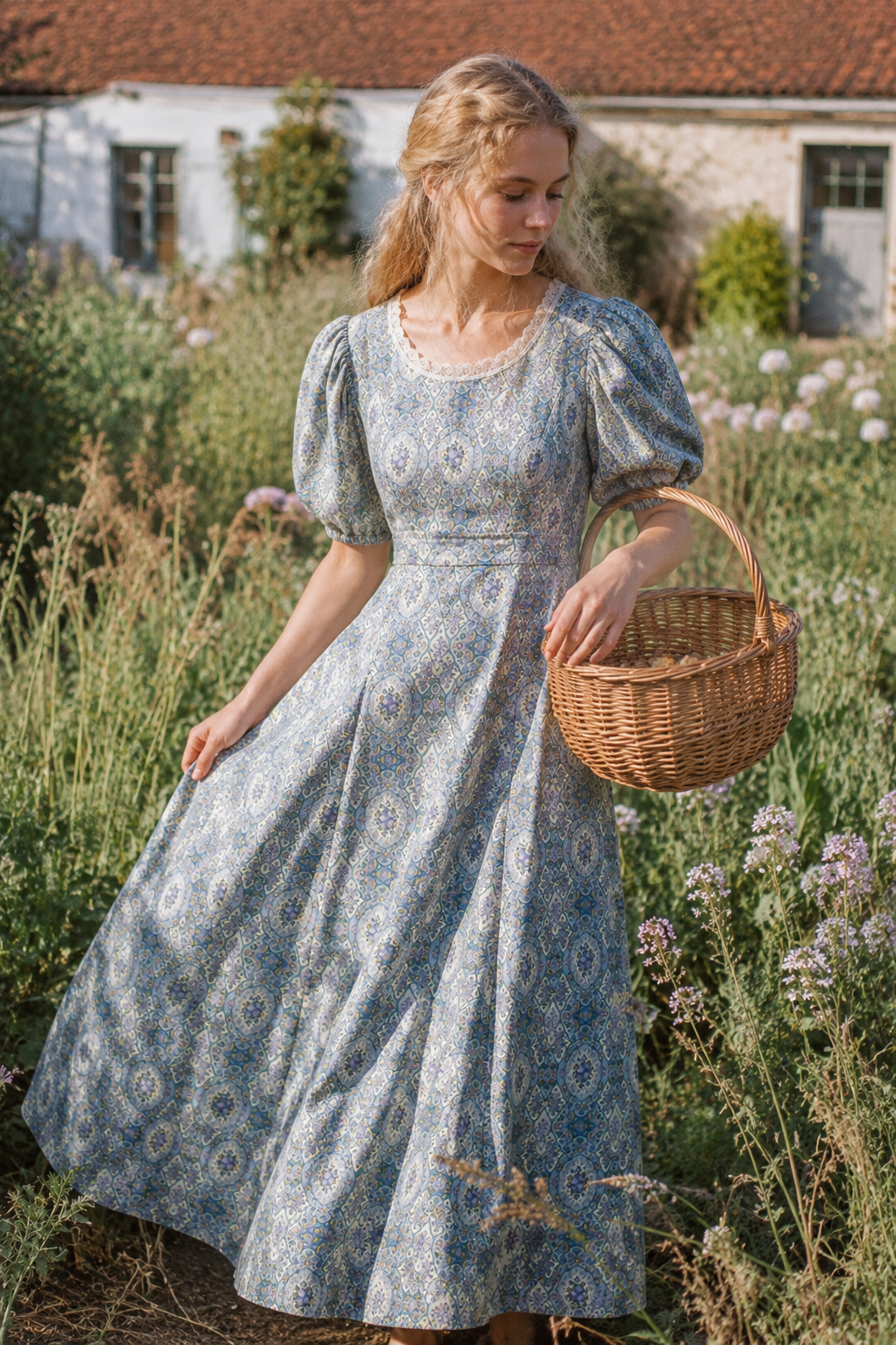 Vintage Handmade Green Puff Sleeve Cottage Dress | Romantic Prairie Midi Dress | Size XS/S