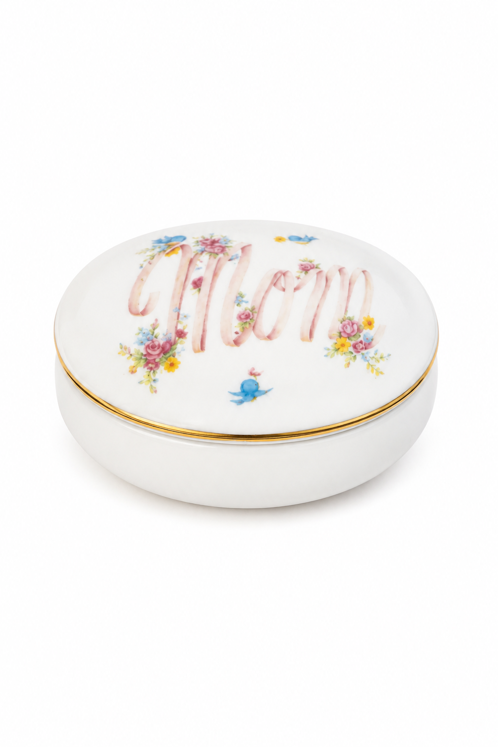 Vintage “Mom” Floral Porcelain Trinket Box with Gold Trim – Mother Keepsake Jewelry Box