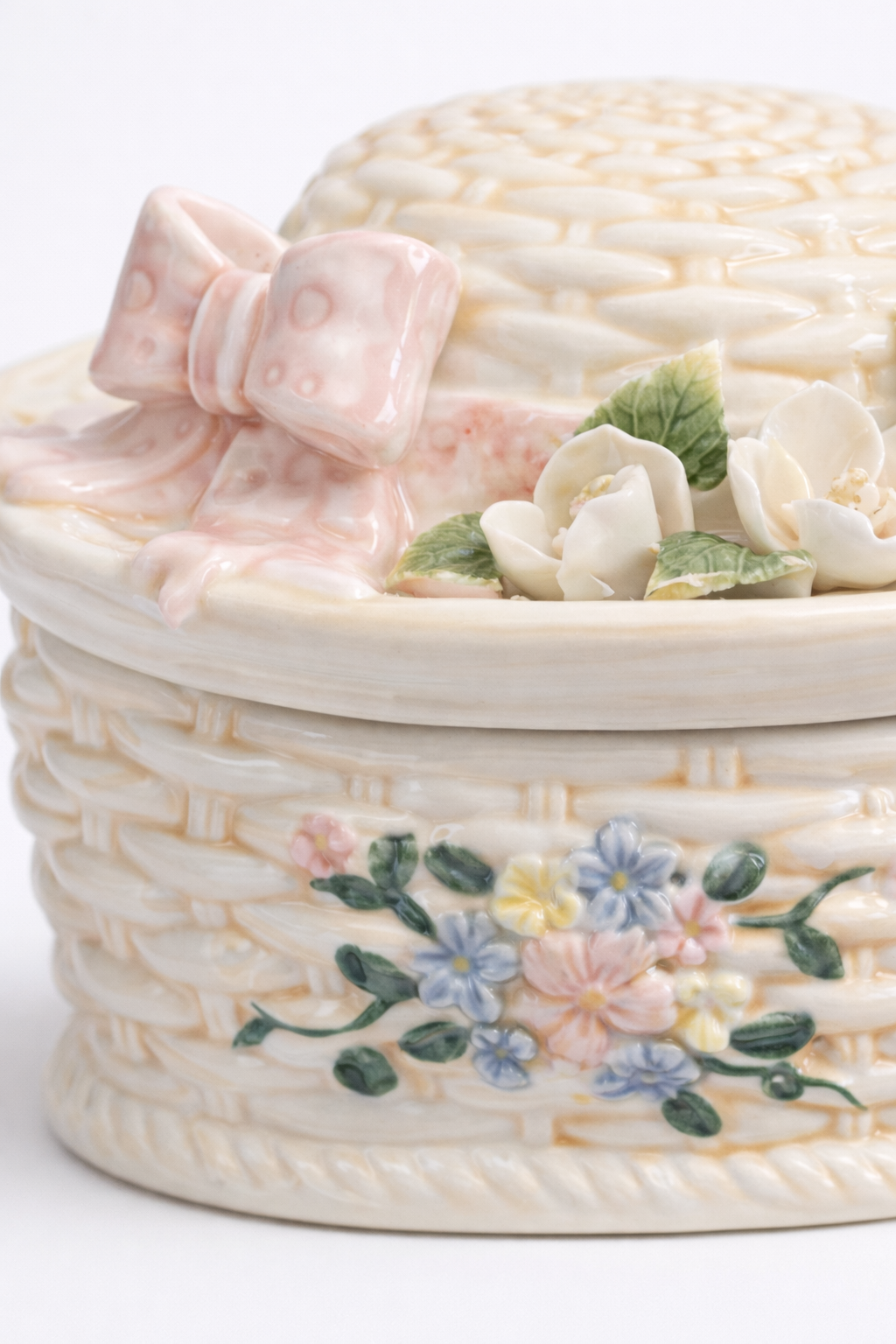 Vintage Floral Hat Trinket Box with Lid | Decorative Porcelain Vanity Box