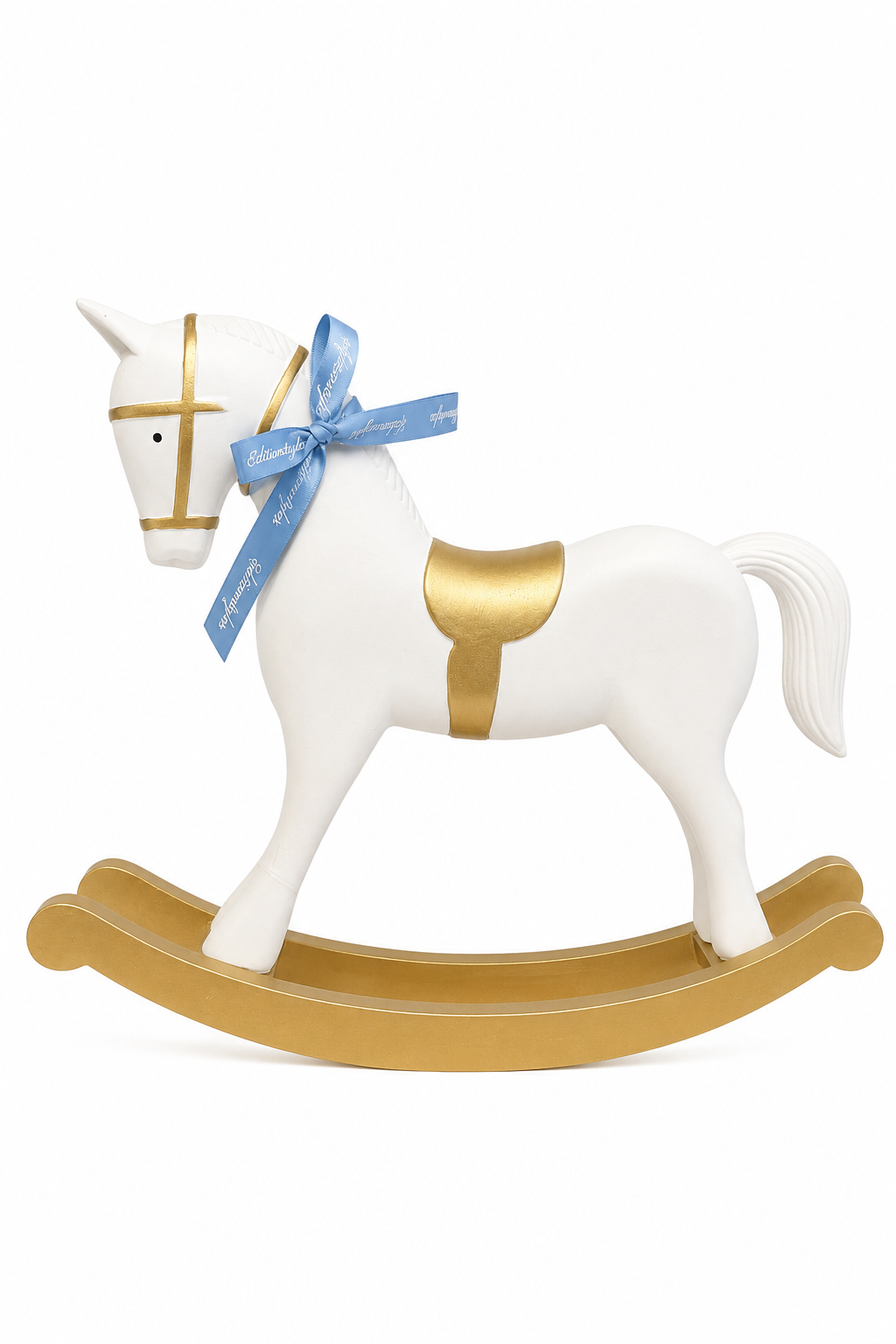 Vintage Style White Wooden Rocking Horse with Gold Accents & Blue Ribbon Bow | Nursery & Cottage Décor
