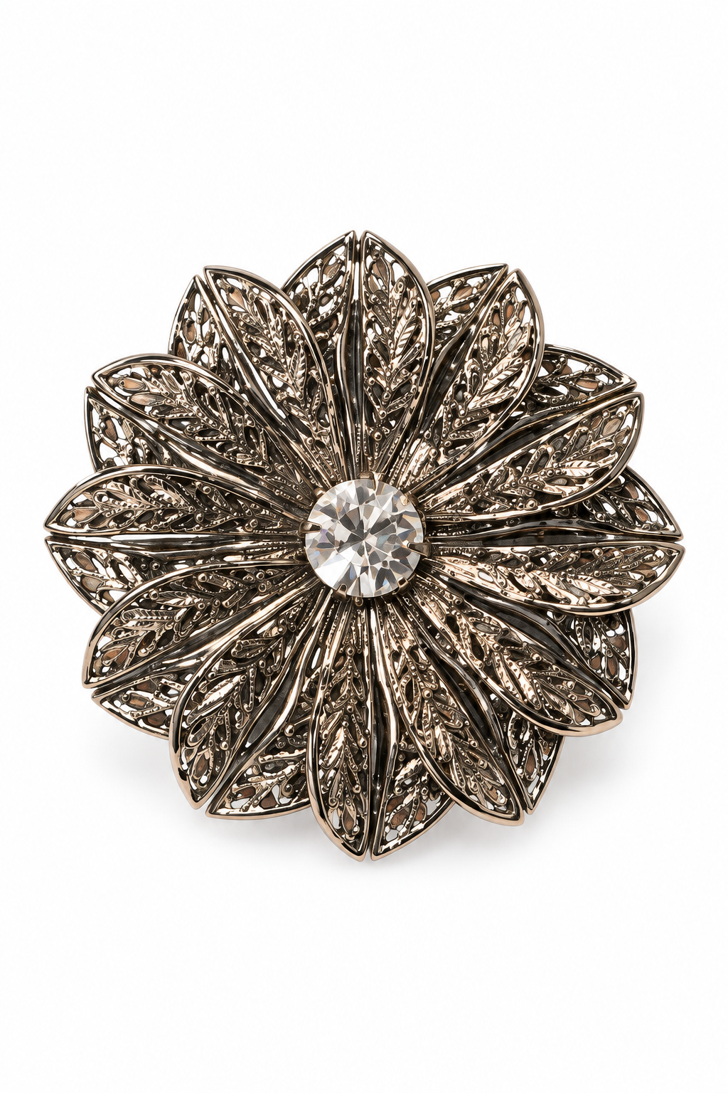 Vintage 1960s–1970s Lieba USA Silver-Tone Filigree Flower Rhinestone Scarf Clip
