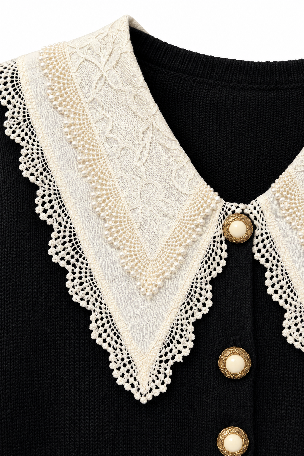 Vintage Black Knit Cardigan Sweater with Ivory Lace Statement Collar & Gold Tone Buttons – Approx. M/L