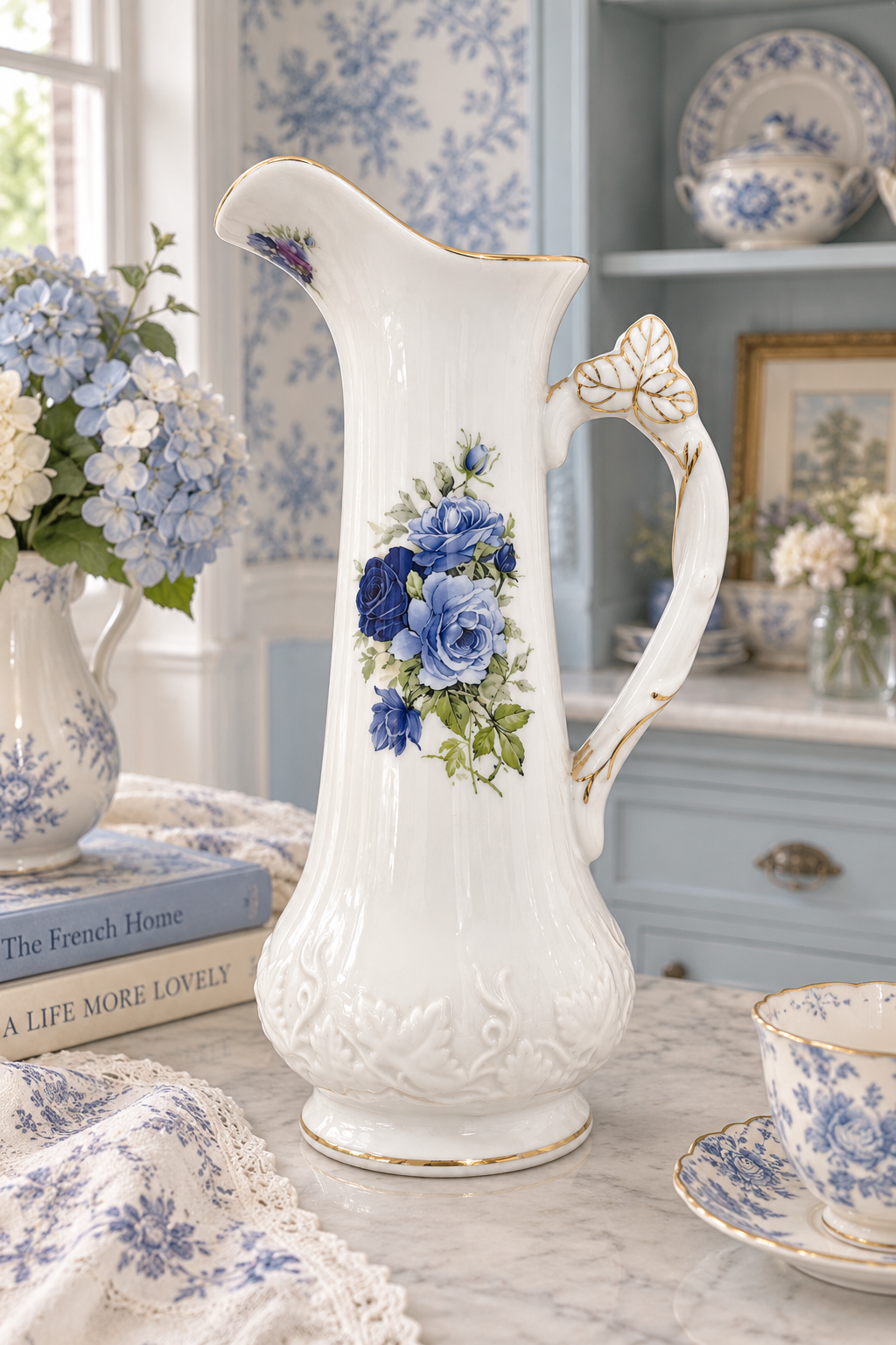 Vintage 1980s–1990s Formalities by Baum Bros Blue Victorian Rose Porcelain Pitcher with Gold Trim – 10”