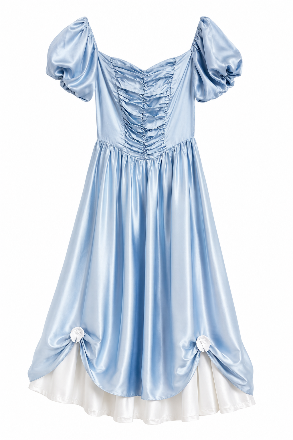 Vintage 1970s Baby Blue Satin Princess Gown Puff Sleeve Ruched Formal Dress XS/S Union Made USA