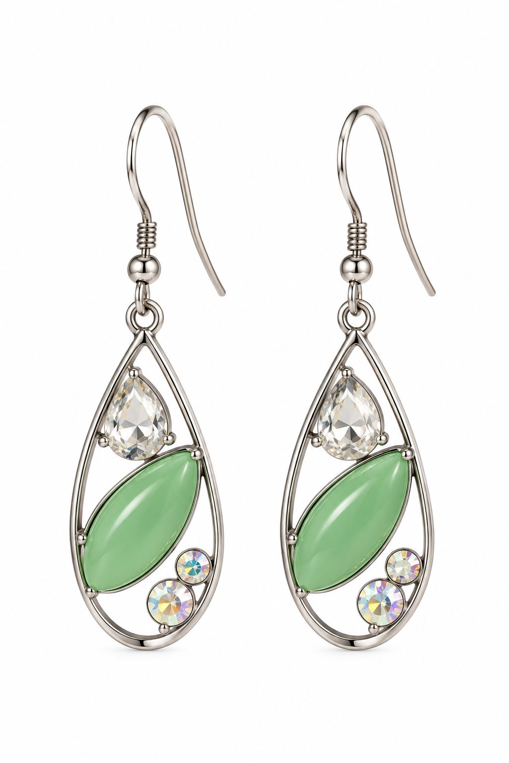 Elegant Sage Green & Crystal Silver-Tone Dangle Earrings | Iridescent Teardrop Statement Jewelry