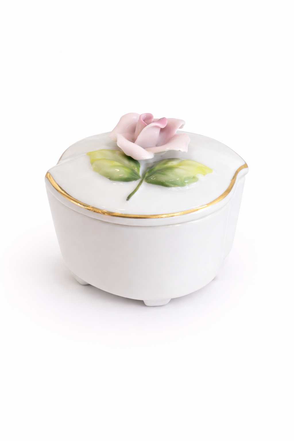 Vintage 1960s Porcelain Rose Trinket Box | Mini Jewelry Box with 3D Pink Rose, Gold Trim
