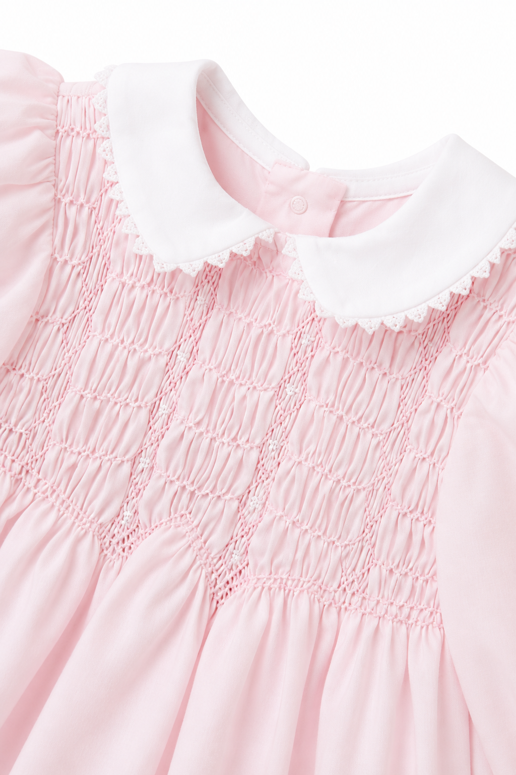 Vintage Nursery Rhyme Baby Girl Pink Smocked Dress | White Peter Pan Collar – Size 9 Months