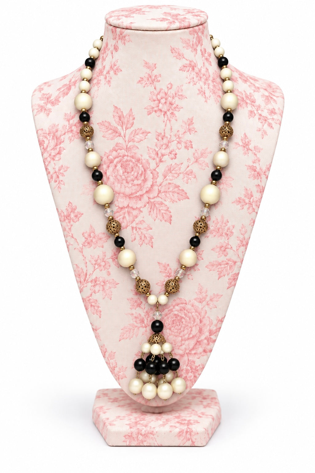 Vintage 1970s Flapper Tassel Necklace 23.5" Black & Cream Faux Pearl, Gold-Tone Filigree
