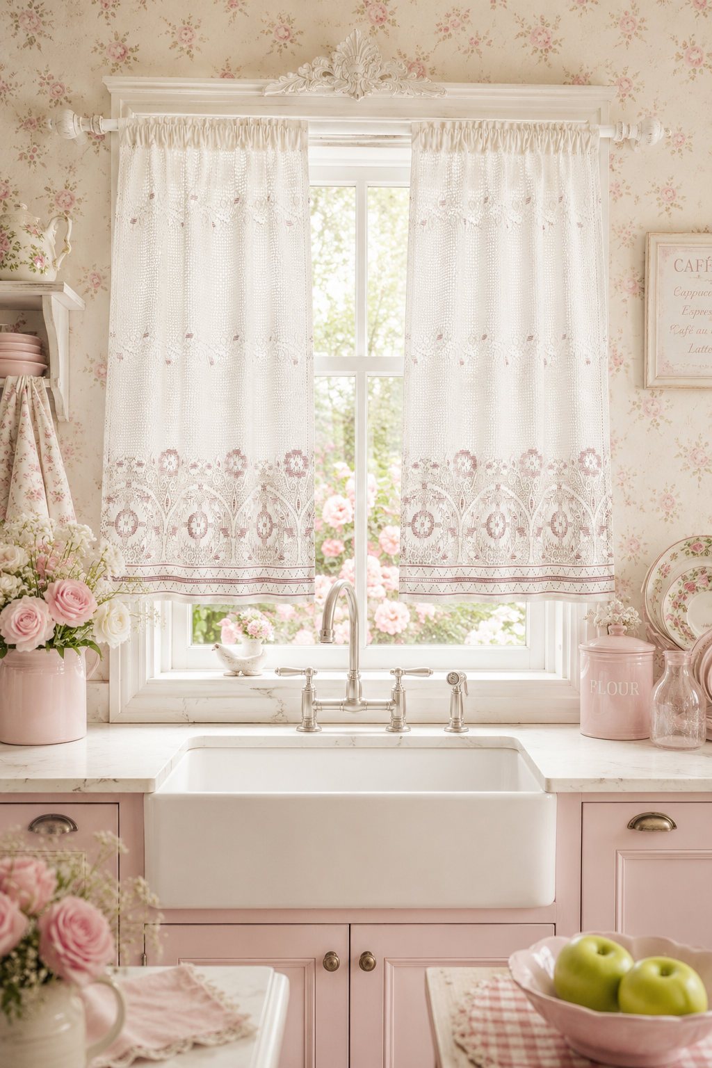 Vintage Sears Cottage Style Café Curtains | Set of 2 Cream & Blush Pink Window Panels | Made in USA