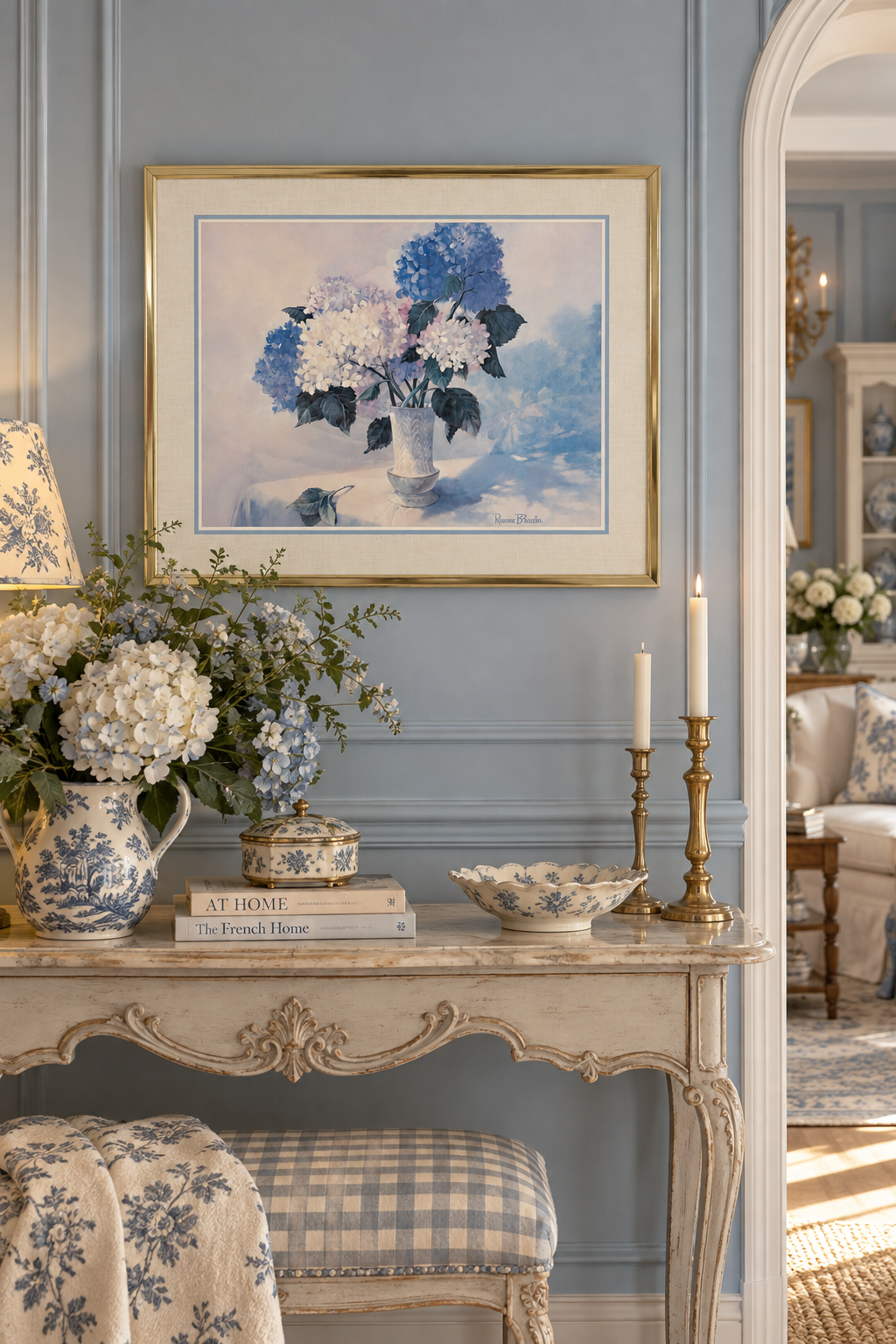 Vintage 1980s Blue & White Hydrangea Floral Framed Wall Art – Gold-Tone Frame
