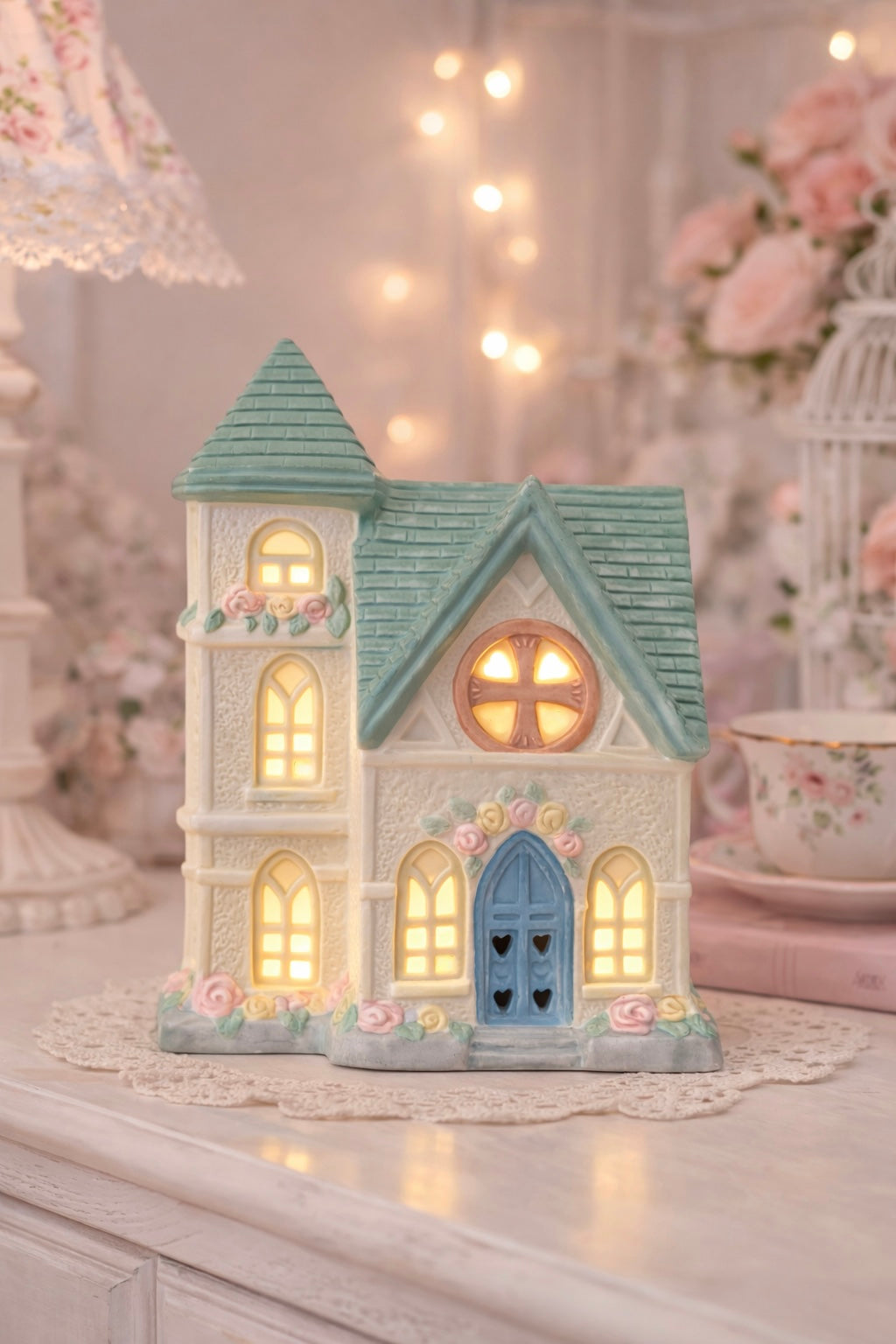 Vintage 1990s Light-Up Cottage Chapel Nightlight | Pastel Storybook House Decor