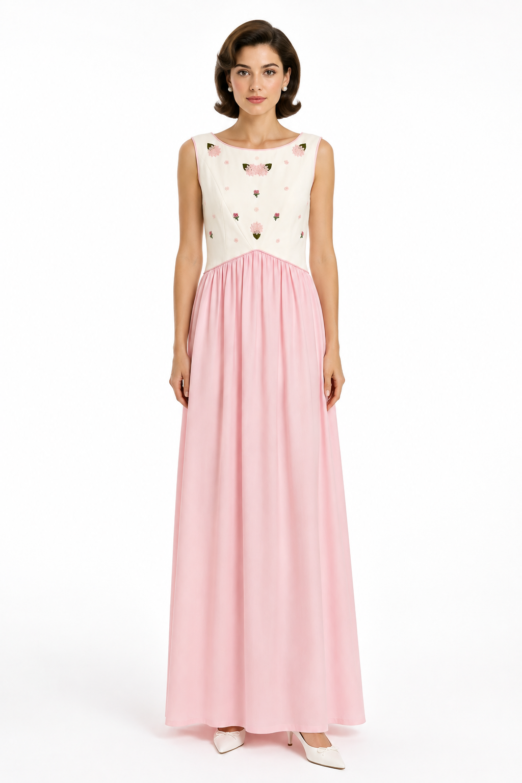 1960s Vintage Pink & Ivory Floral Embroidered Evening Gown – Union Made | XS/Small – Jackie Kennedy Style