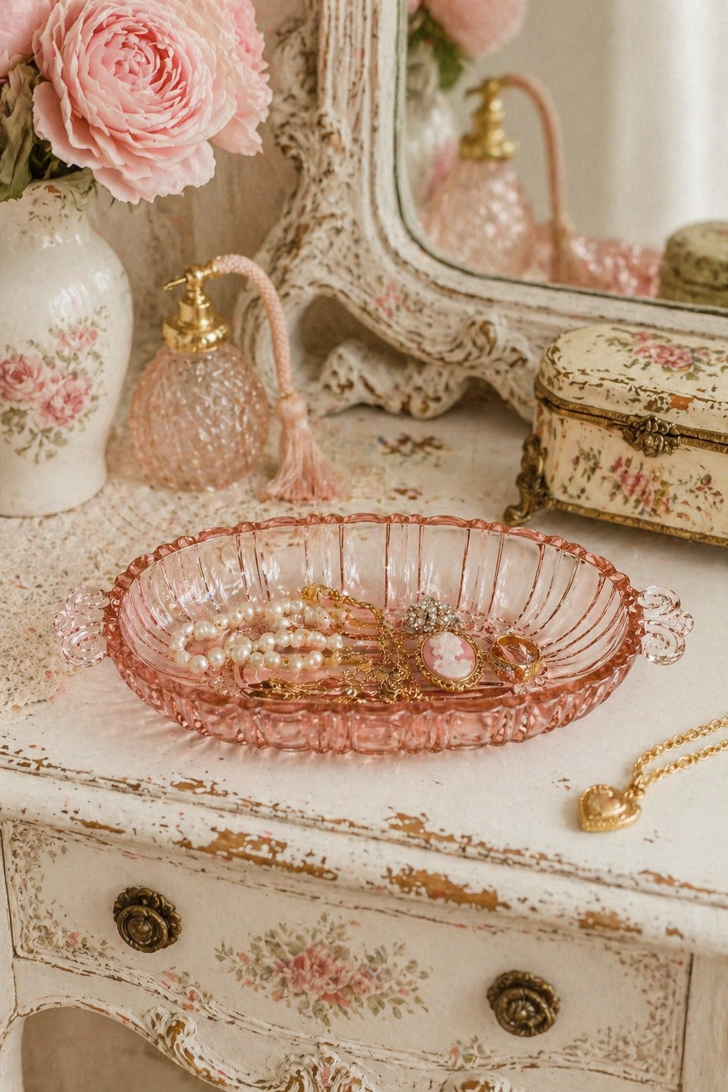 1940s Pink Depression Glass Jewelry Dish | Vintage Oval Vanity Bowl