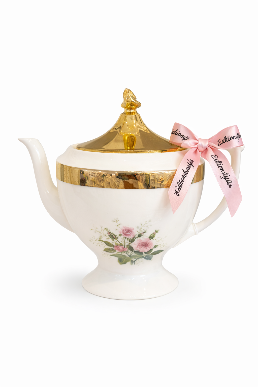 Vintage Porcelain Teapot with Gold Lid | Pink Rose Floral, White & Gold Trim, Elegant European Style Tea Pot
