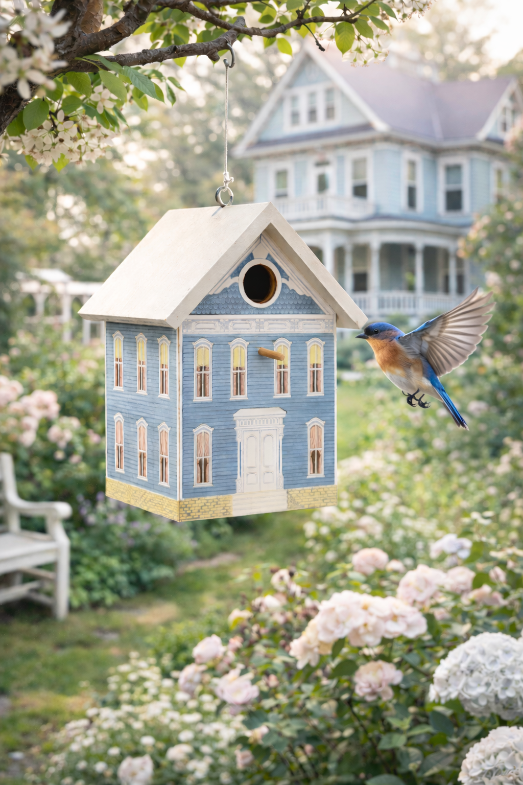 Victorian Cottage Blue Birdhouse | Decorative Garden Hanging Birdhouse, Shabby Chic Outdoor Cottage Decor