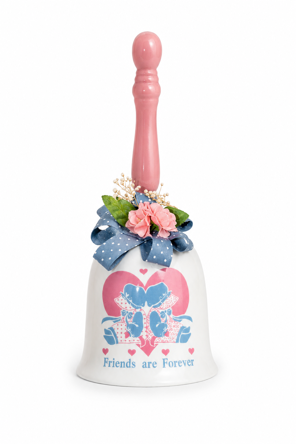 Vintage “Friends Are Forever” Ceramic Bell | Pink & Blue Friendship Bell with Floral Bow
