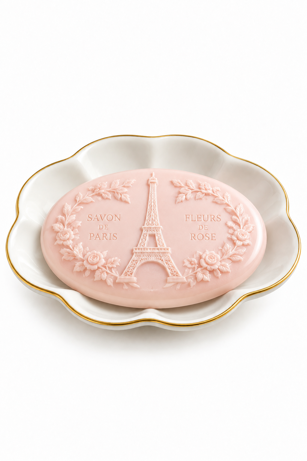 Vintage Pink Rose Porcelain Soap Dish | Gold Trim Scalloped Jewelry Trinket Dish