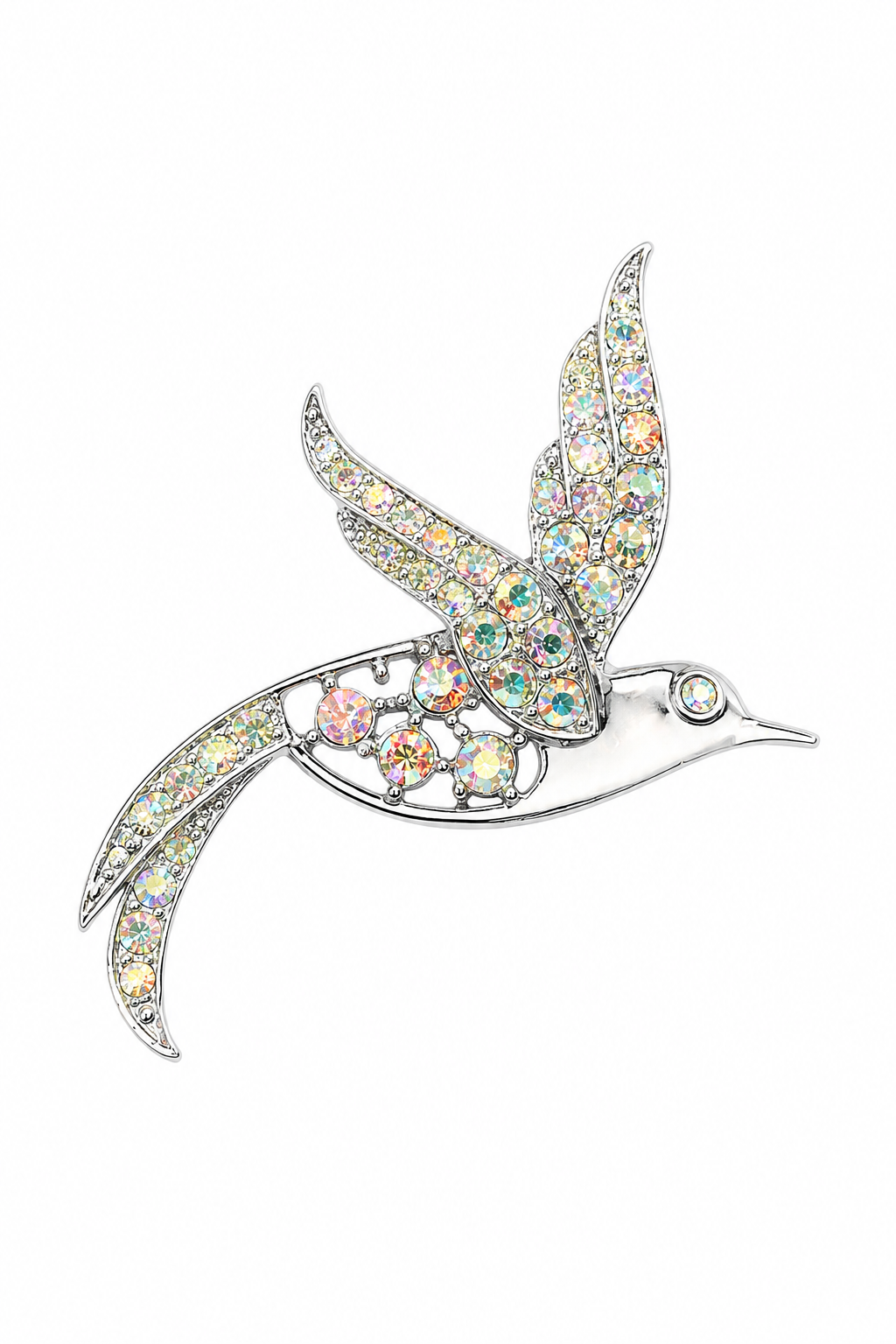 Vintage 1960s Sarah Coventry “Bird of Paradise” Aurora Borealis Rhinestone Bird Brooch Silver Tone Pin