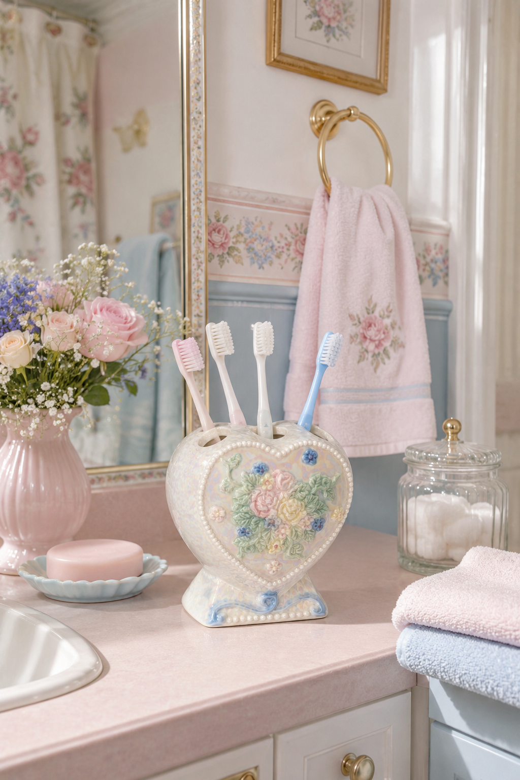Vintage 1980s–90s Pearlized Heart Ceramic Toothbrush & Toothpaste Holder | Floral Bathroom Organizer
