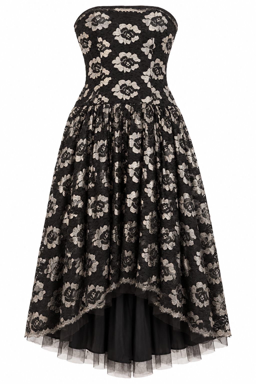 Vintage Black & Silver Floral Lace Strapless High-Low Evening Gown – Full Skirt Formal Dress | Small