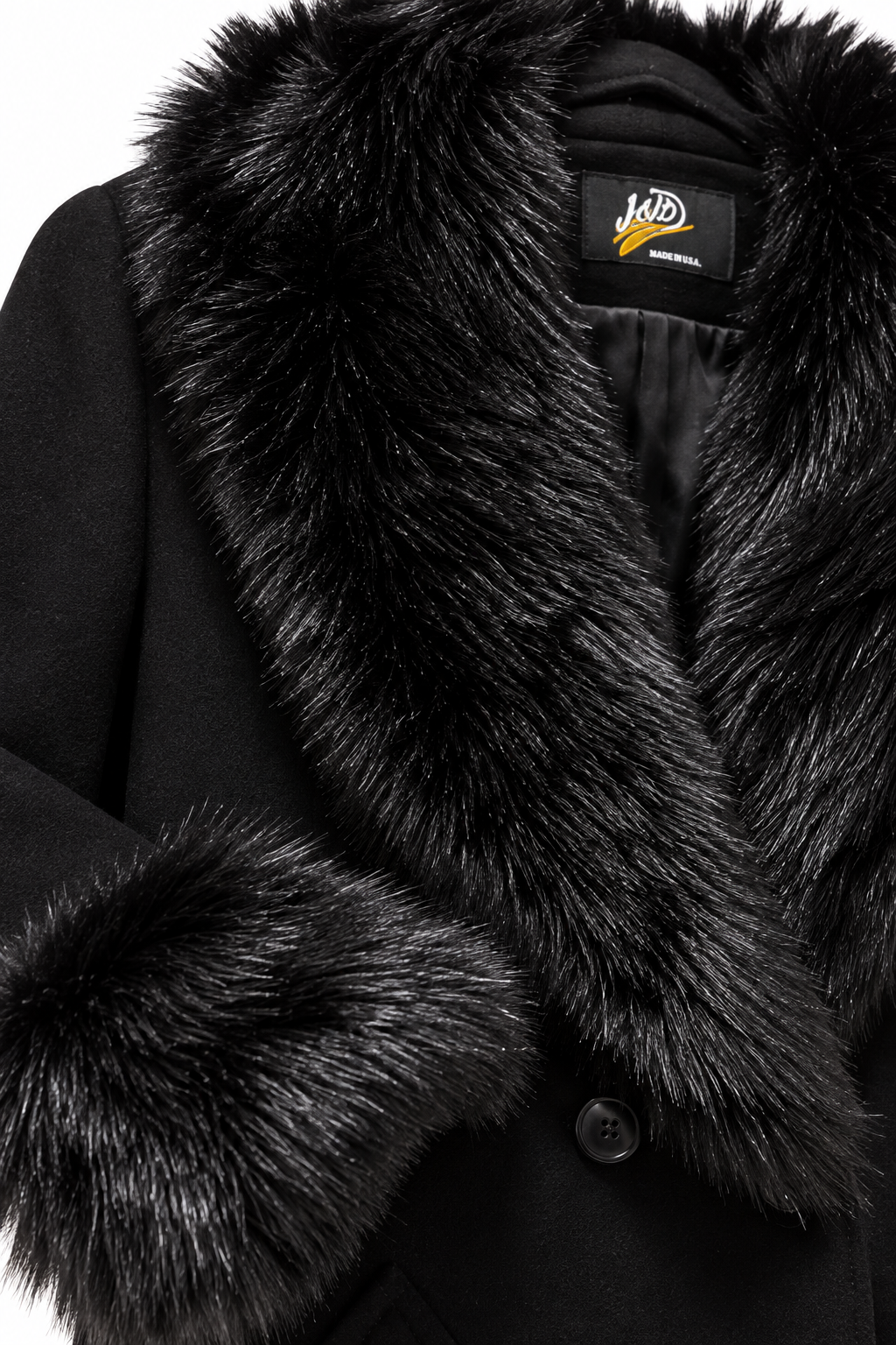 Vintage J&D Black 100% Wool Long Coat with Genuine Fox Fur Collar & Cuffs – Made in USA – Size 14