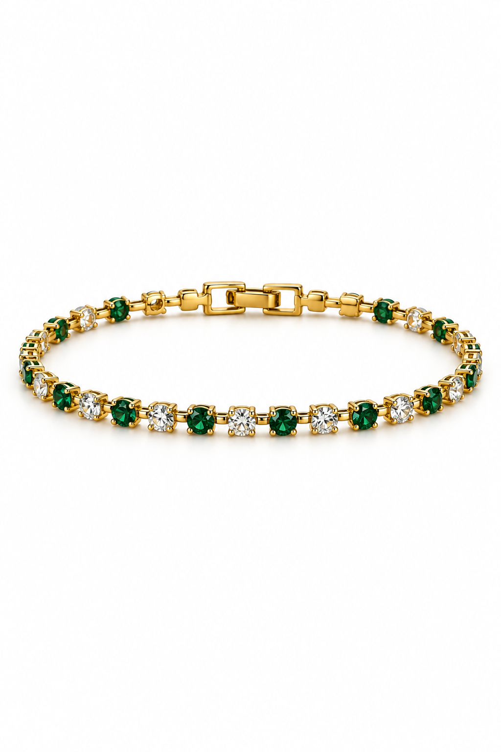 Vintage 1980s Faux Emerald Green & Clear Rhinestone Gold-Tone Tennis Bracelet – 7”