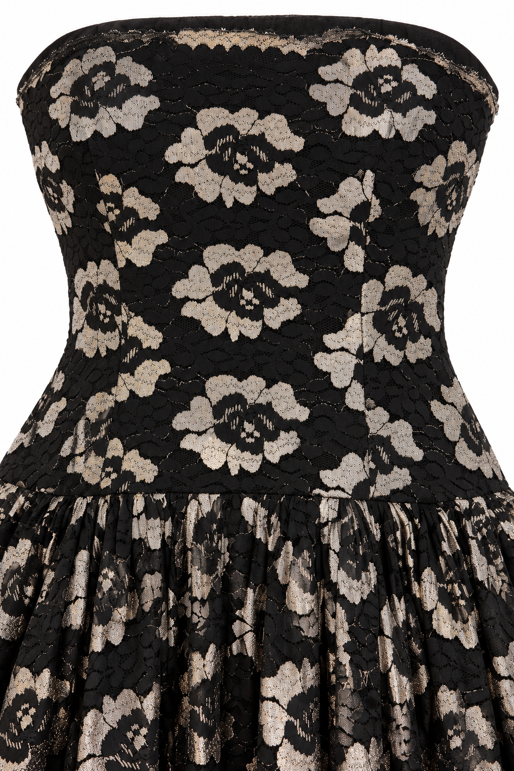 Vintage Black & Silver Floral Lace Strapless High-Low Evening Gown – Full Skirt Formal Dress | Small