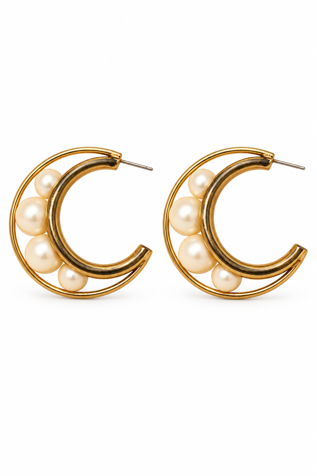 Gold-Tone Crescent Moon Faux Pearl hoop Statement Earrings – 1”
