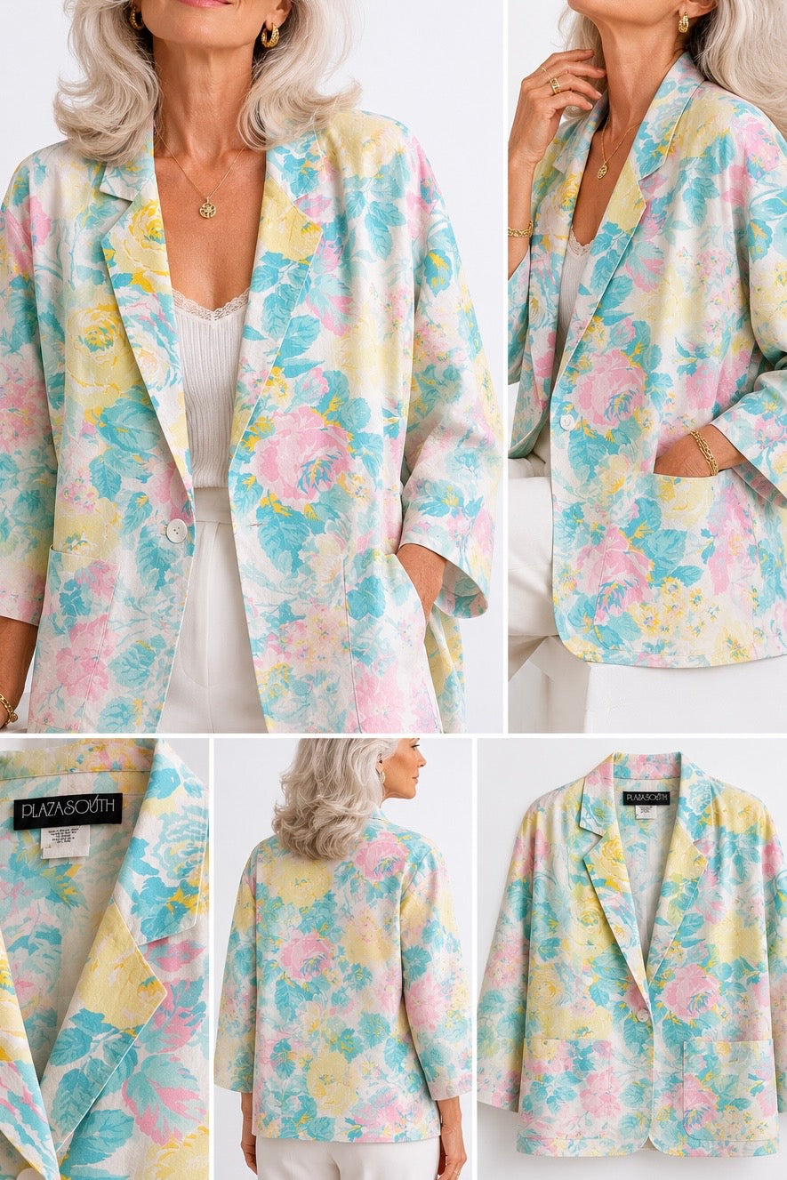 Vintage Plaza South Pastel Floral Cotton Blazer | Oversized Cottagecore Spring Jacket | 100% Cotton | Size 8