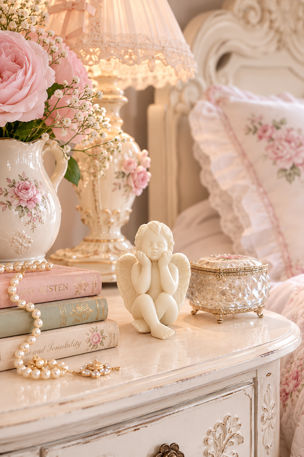 Vintage 1980s White Porcelain Thinking Cherub Figurine | Angel Statue | Romantic Cottage Decor