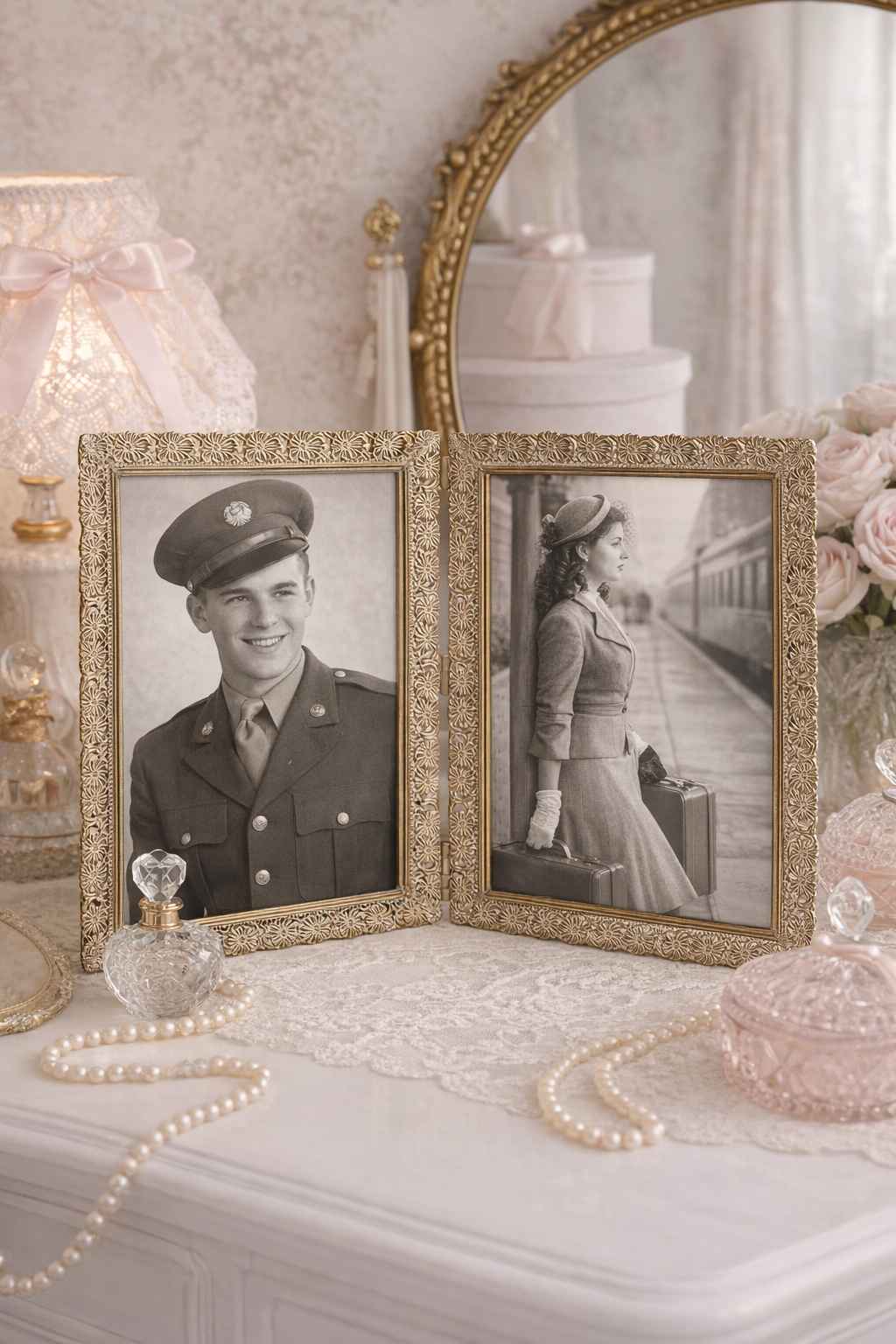 Vintage 1950s Gold Tone Double Picture Frame | Ornate Hollywood Regency Folding Frame