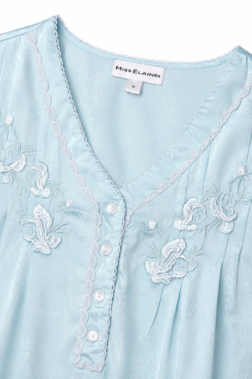 Vintage 1990s Miss Elaine Light Blue Floral Jacquard Long Sleeve Nightgown – Size Medium