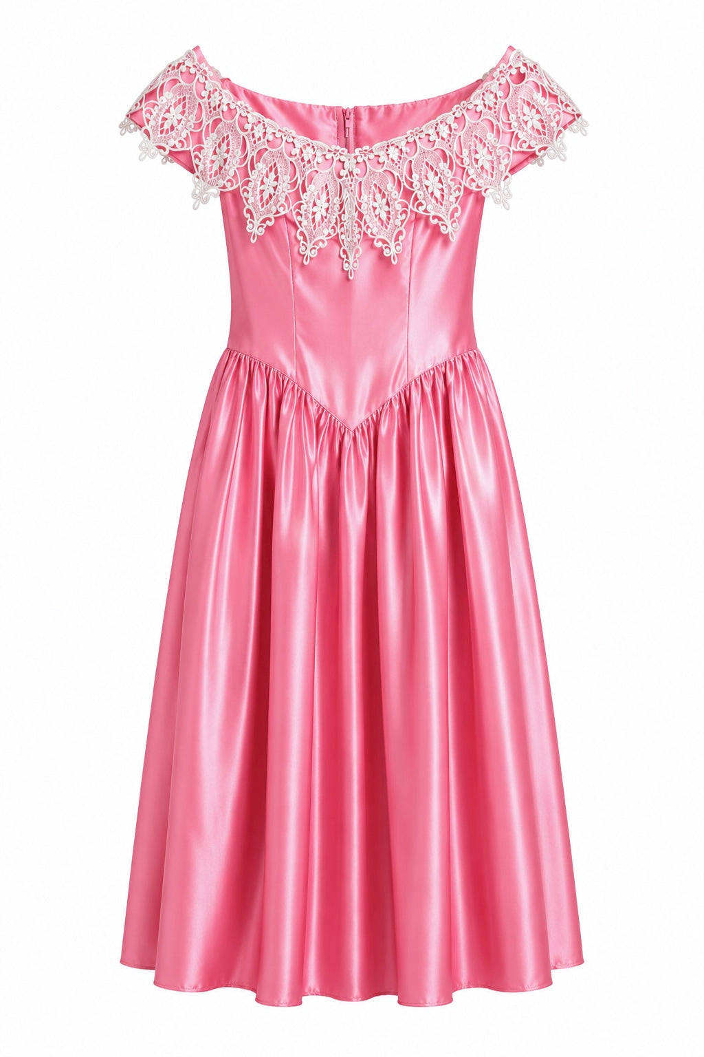 Vintage 1980s Hot Pink Satin Midi Formal Dress White Lace Collar Princess Dress S/M