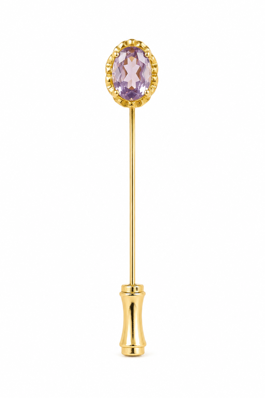 Vintage 1950s–80s Faceted Oval Amethyst Glass Gold-Tone Stick Pin