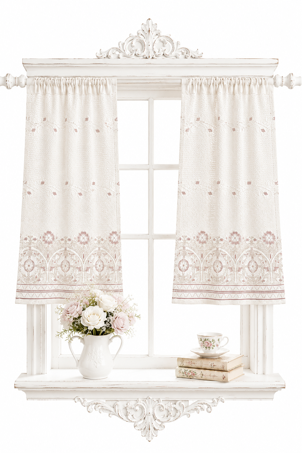 Vintage Sears Cottage Style Café Curtains | Set of 2 Cream & Blush Pink Window Panels | Made in USA
