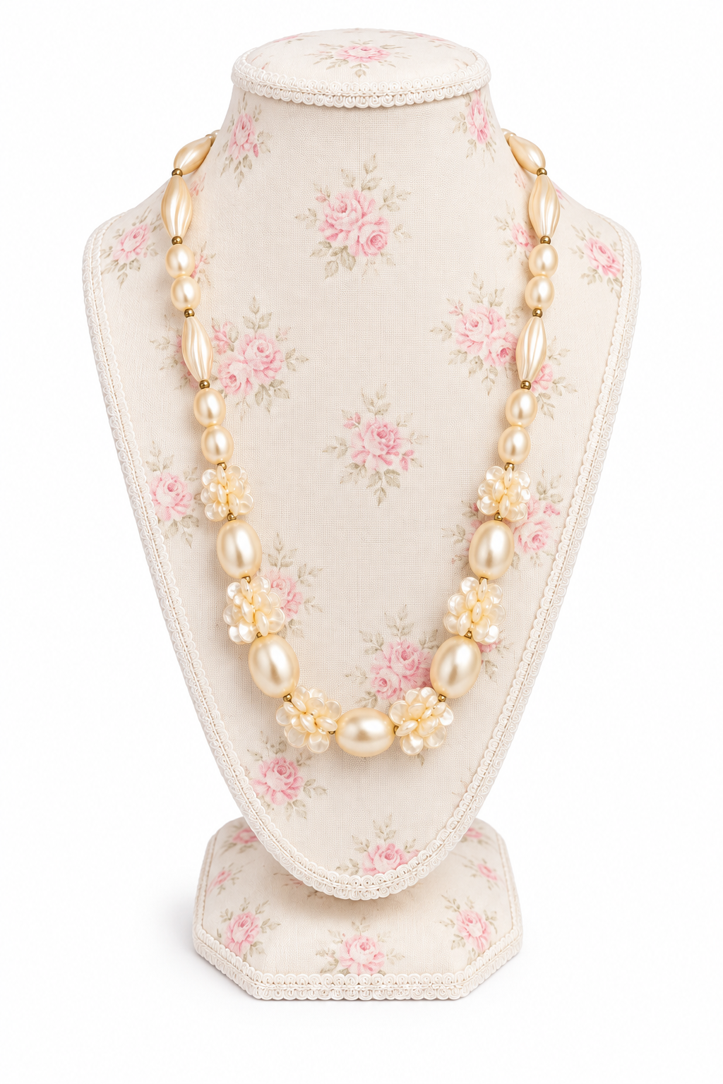 Vintage 1960s–1980s Ivory Faux Pearl & Floral Beaded Necklace | Romantic Retro Statement Jewelry