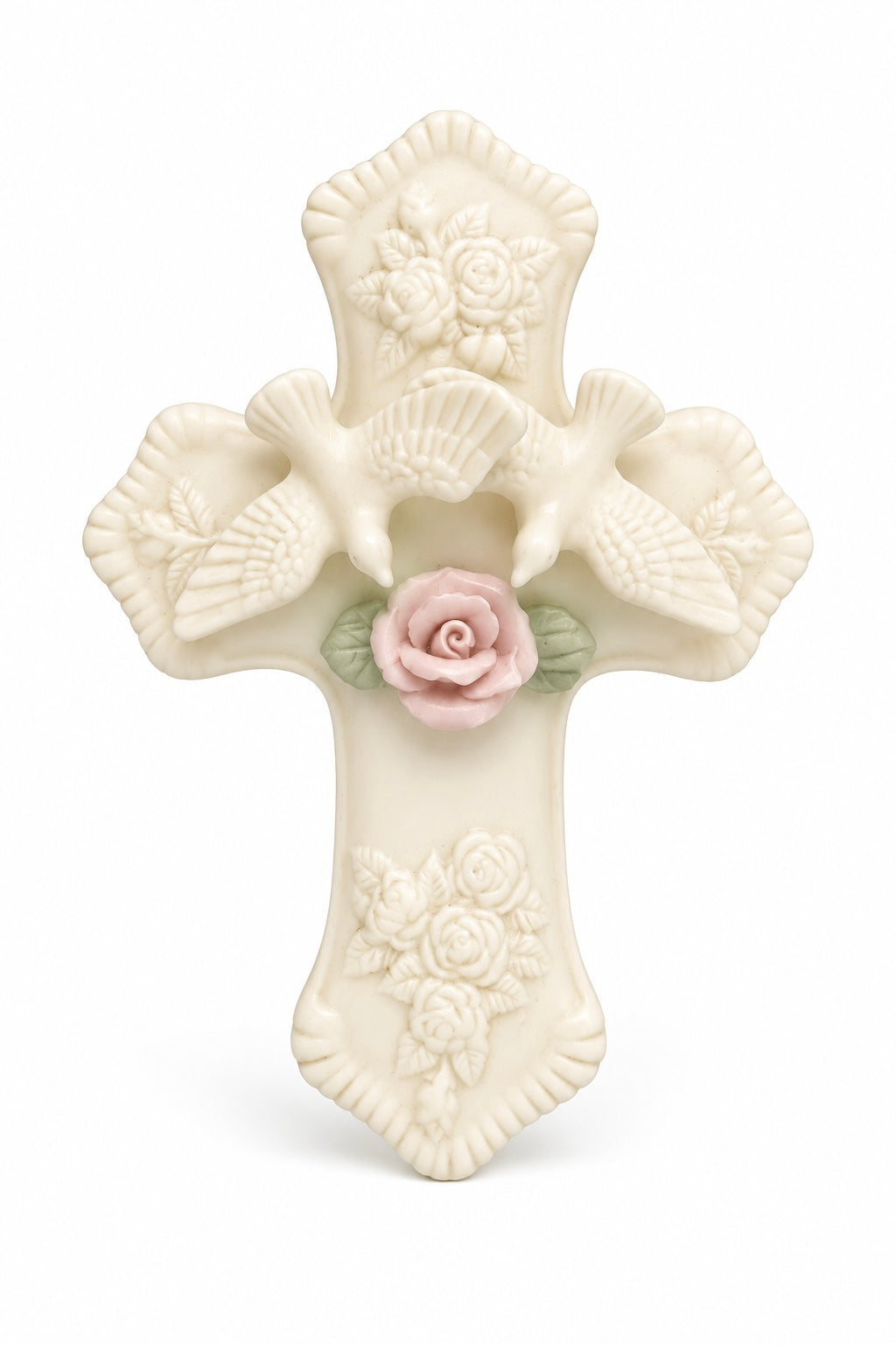 1998 Vintage Cross Trinket Box | Bone White Porcelain Keepsake Box with Doves & Pink Rose
