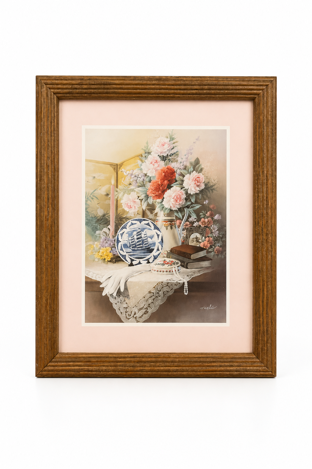 Vintage T.C. Cheiu Floral Still Life Art Print | Framed Cottage Wall Art | Romantic Vintage Décor | 11.5” x 9.5”