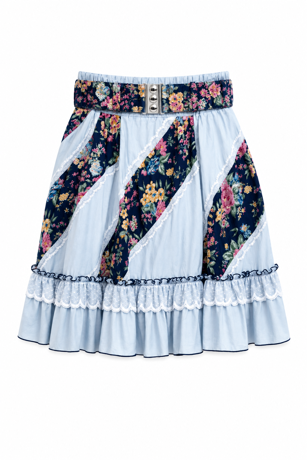 Vintage Cottagecore Floral Prairie Skirt Set with Matching Belt | Blue Lace Ruffle Skirt | Size L/XL