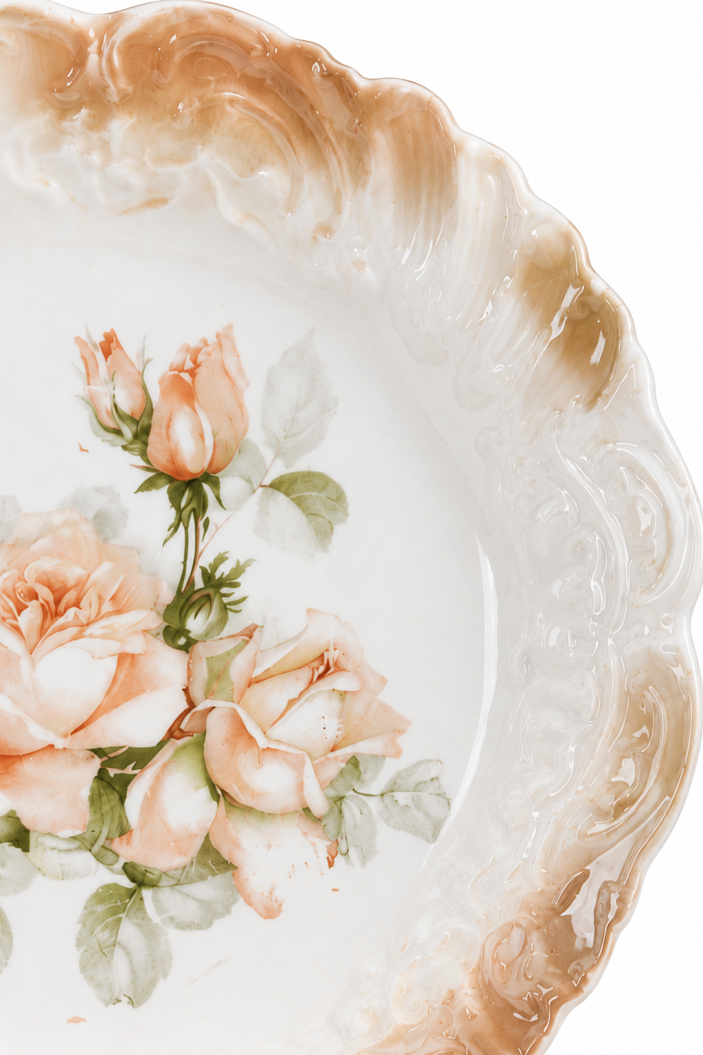 Antique German Victorian Porcelain Serving Bowl | Peach Rose Floral Bowl | Embossed Scalloped Rim | Circa 1900 | 10”