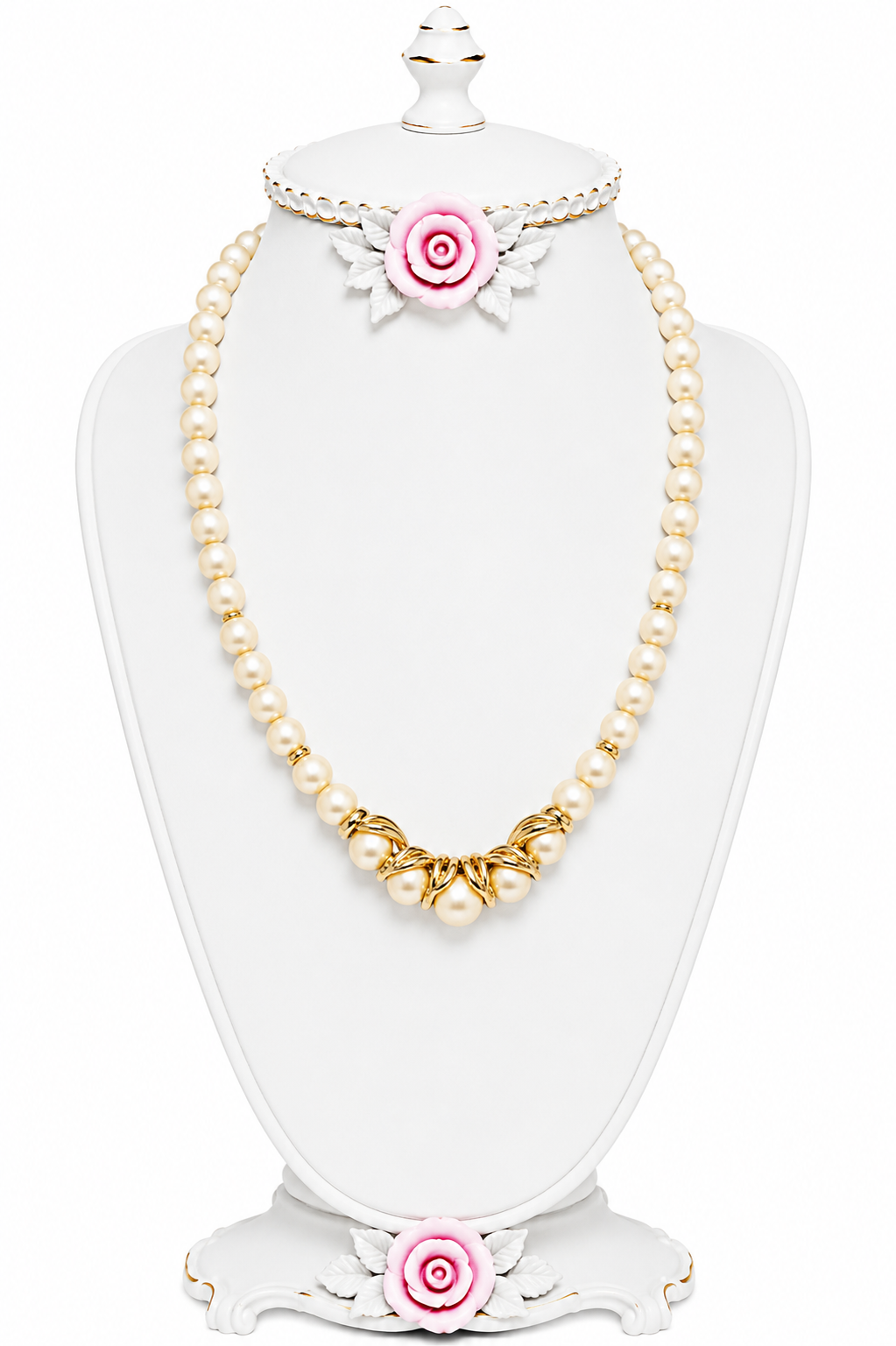 Vintage 1980s Faux Pearl Statement Necklace | Gold Tone Sculptural Ribbon Collar